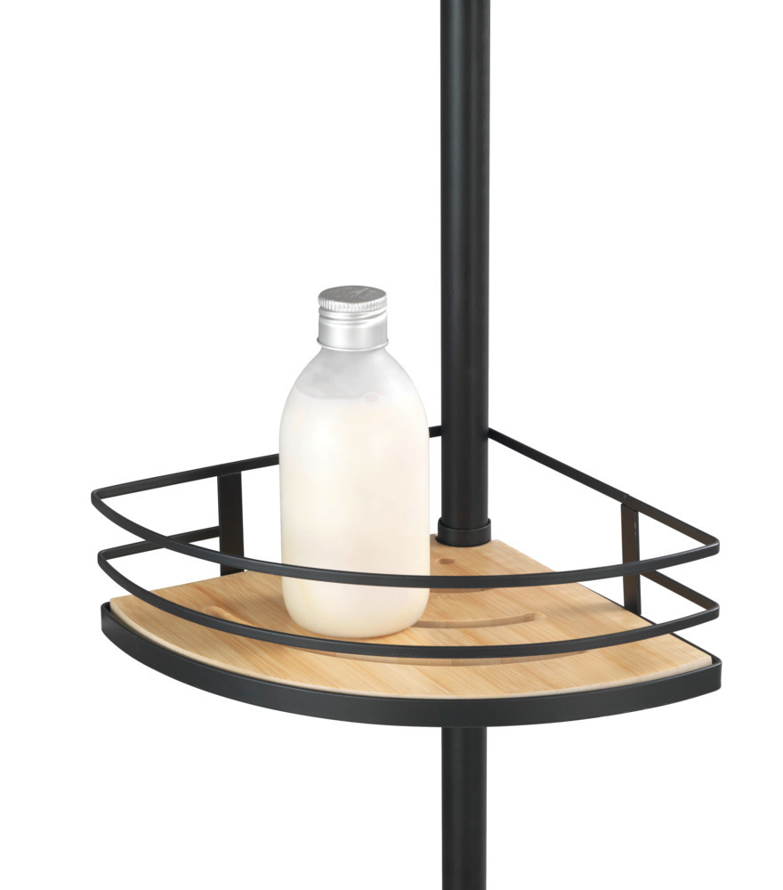 Etagère d'angle de douche, étagère salle de bain telescopique, acier noir et étagère en bois bambou, Dolcedo  inoxydable, étagère de douche