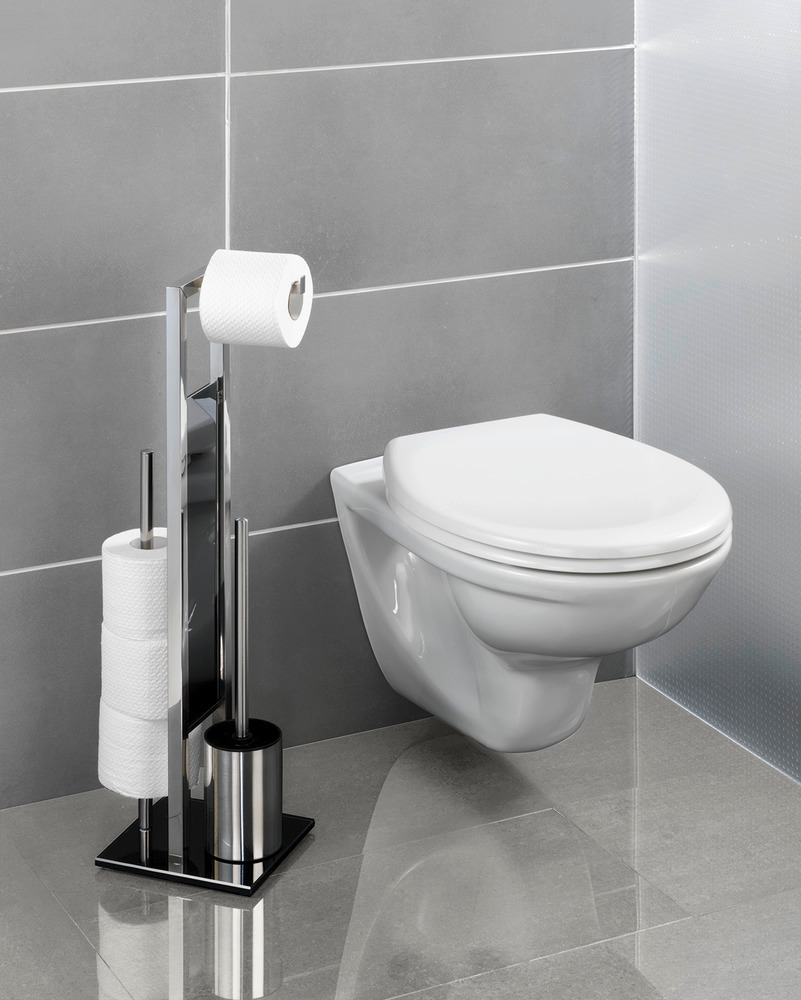 Serviteur WC Rivalta, Brosse WC et Dérouleur Papier Toilette, Acier Inox brillant et verre trempé noir, 18x70x23 cm  support de papier toilette intégré