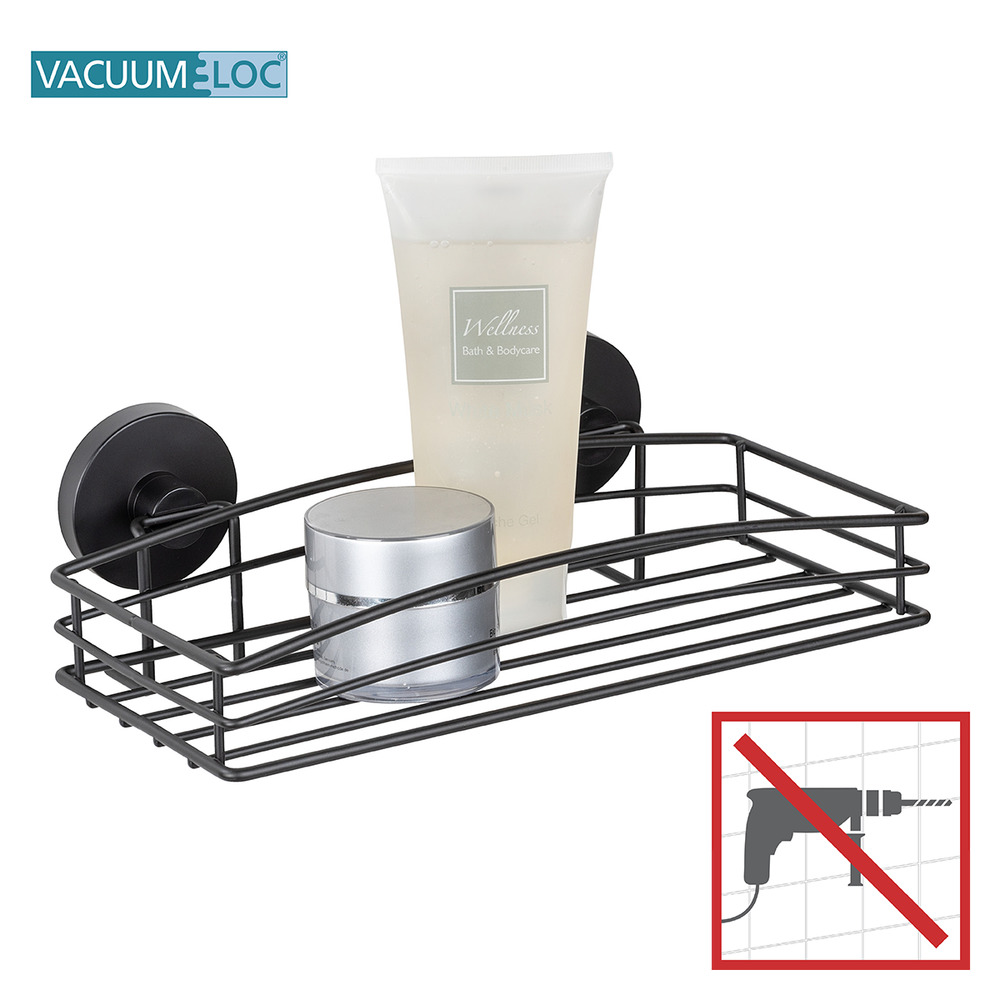 Etagère murale salle de bain, solution sans perçage, innovation "Vacuum Loc Plus", Pavia, Noir  Système "Vacuum Loc", fixer sans perçer