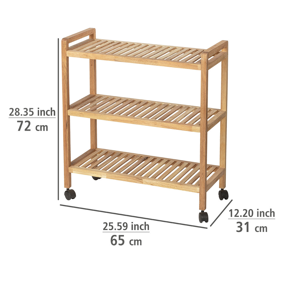 Etagère à roulettes 3 niveaux, bois Noyer, Norway,  65x72x31 cm  en noyer massif