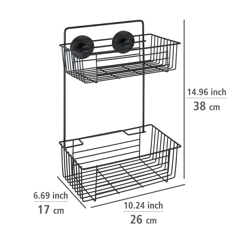 Etagère murale salle de bain, 2 paniers de rangement, solution sans perçage, innovation "Vacuum Loc Plus", Pavia, Noir  Système "Vacuum Loc", fixer sans perçer