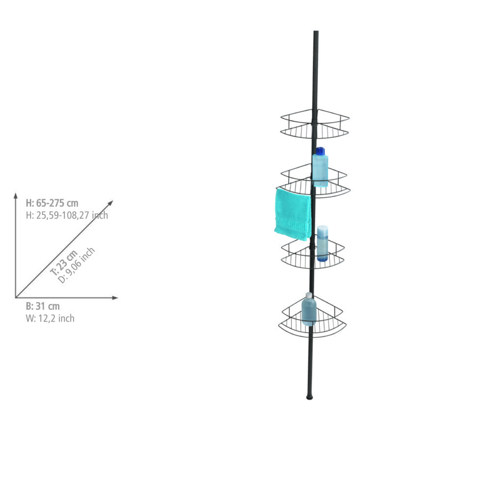 Etagère de salle de bain téléscopique, solution sans perçage, Dolcedo, Acier Noir  Etagere douche téléscopique d'angle