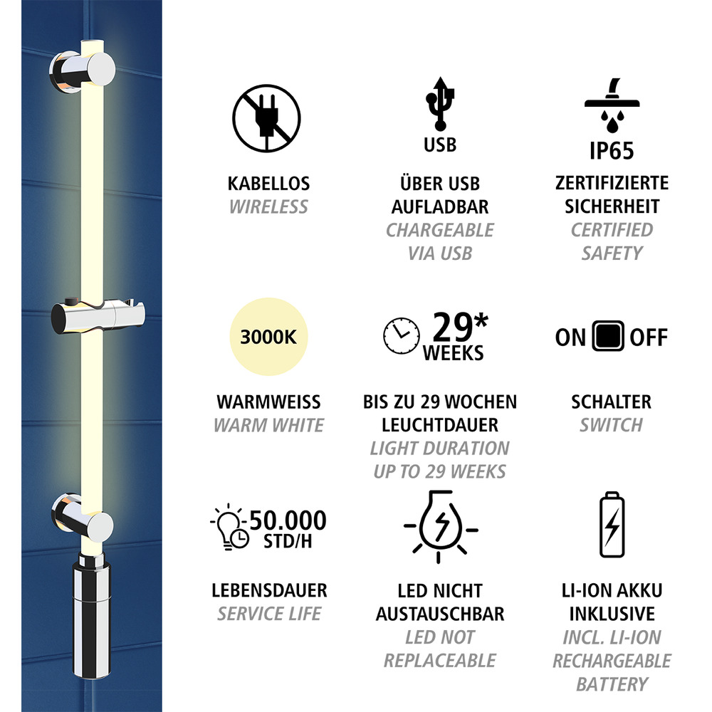 Barre de douche à LED 74 cm blanc chaud  barre de douche éclairée