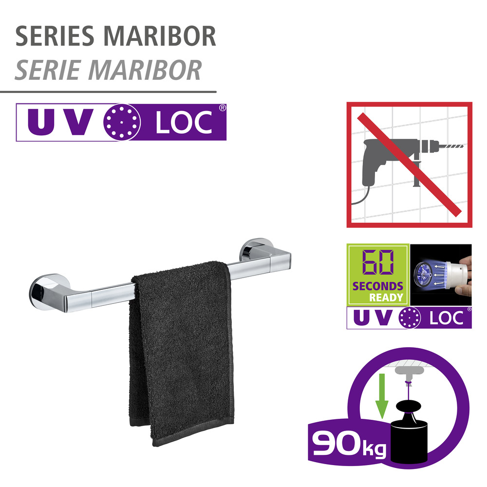 UV-Loc® Porte serviette Maribor, 40 cm  Fixation sans percer grâce à un système adhésif innovant