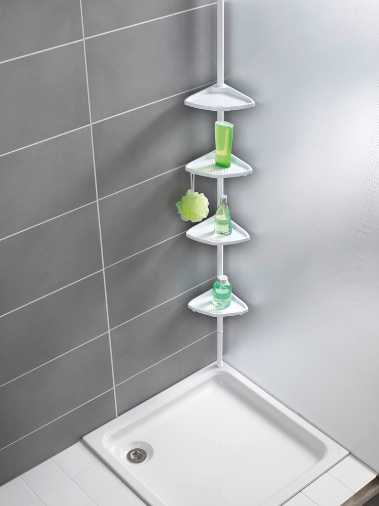 Étagère de douche télescopique Compact, paniers de douche plastique, aluminium blanc, 26x78-275x19,5 cm  4 tablettes et 4 crochets