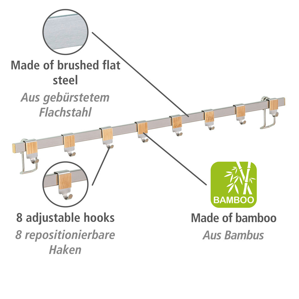 Barre de crédence cuisine Premium, Porte Ustensiles de cuisine mural avec 8 crochets de suspension,   Acier - Bambou, 60x4x2,5 cm, Brillant - Marron