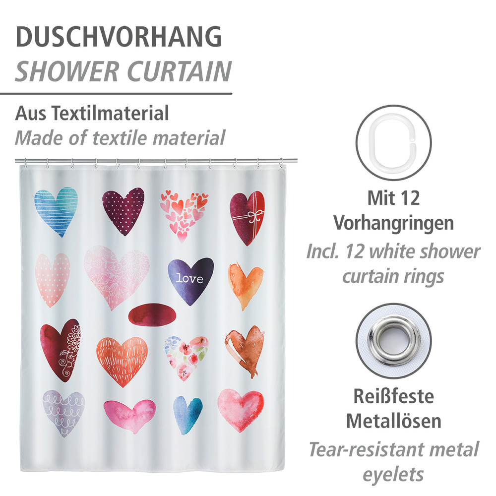 Rideau de douche Love  polyester, 180 x 200 cm, lavable