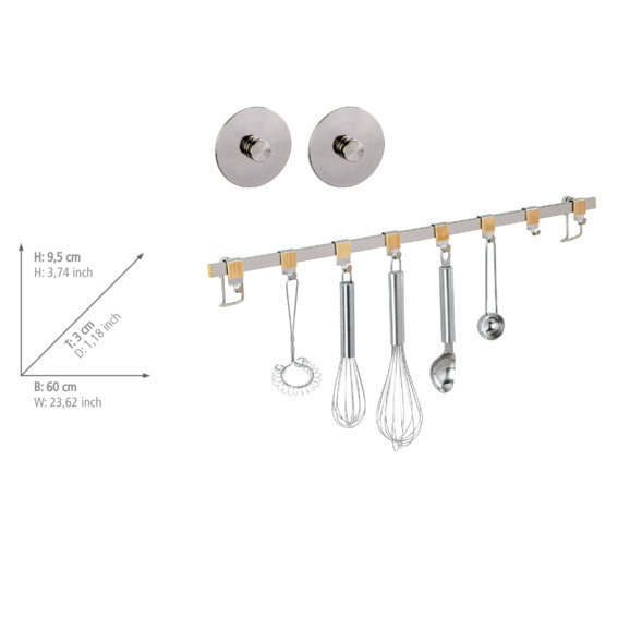 Barre de crédence cuisine Premium, Porte Ustensiles de cuisine mural avec 8 crochets de suspension,   Acier - Bambou, 60x4x2,5 cm, Brillant - Marron