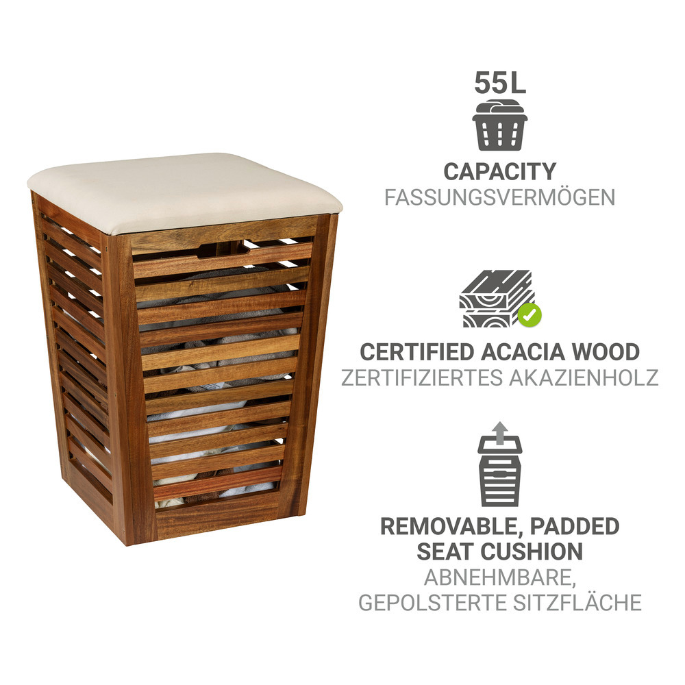 Coffre à linge avec assise rembourrée Mod. Fondi  en bois d'acacia massif