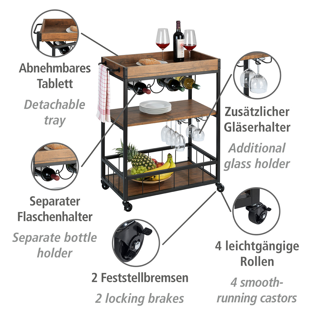 Desserte à roulettes, desserte bar, bois, acier noir, Rustico  avec porte verre à vin et porte bouteille