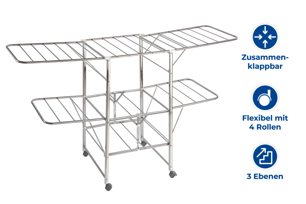 Séchoir à linge, étendoir à linge, intérieur et extérieur, à roulettes,  Mobil en acier inox  