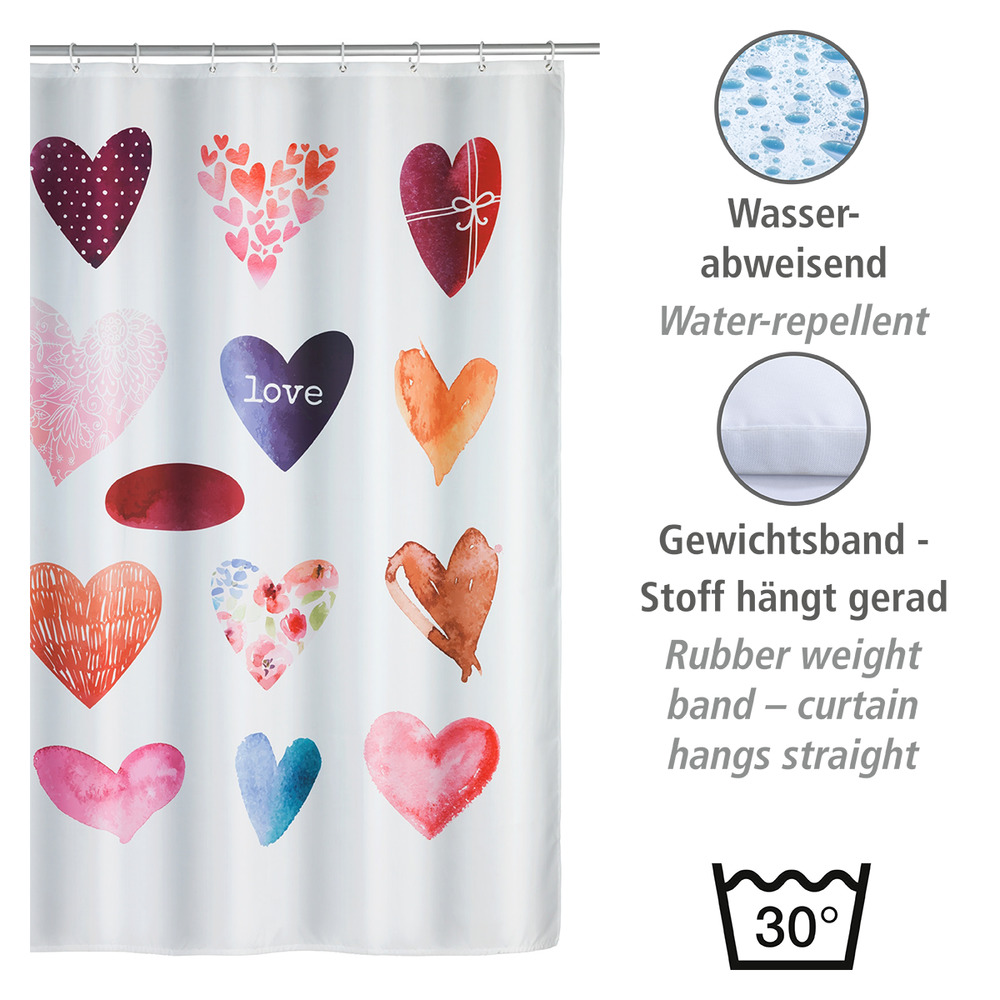 Rideau de douche Love  polyester, 180 x 200 cm, lavable