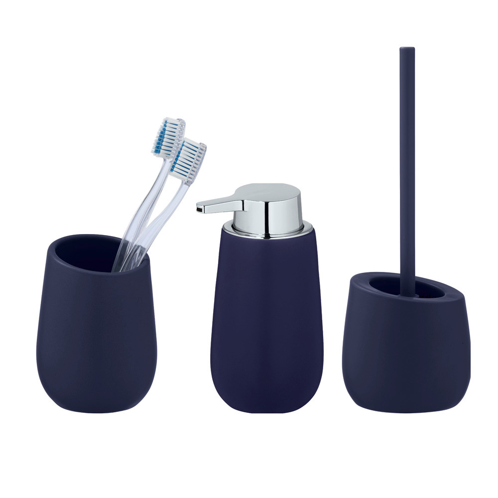 Set d'accessoires de bain Badi bleu foncé, 3 pièces  Distributeur de savon, brosse WC, gobelet pour brosse à dents