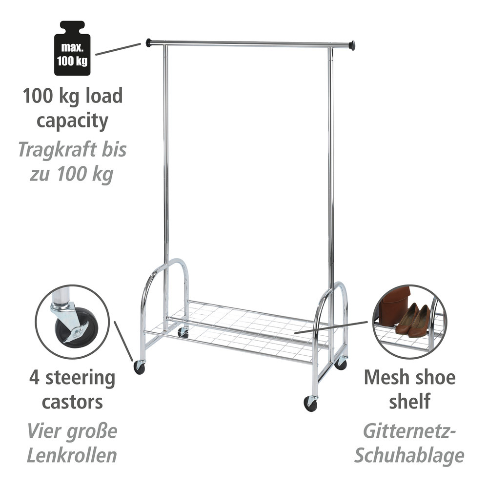 Portant vêtement solide sur roulette Profi, charge 100 kg, Métal chromé, 121x185x52 cm  sur roulettes