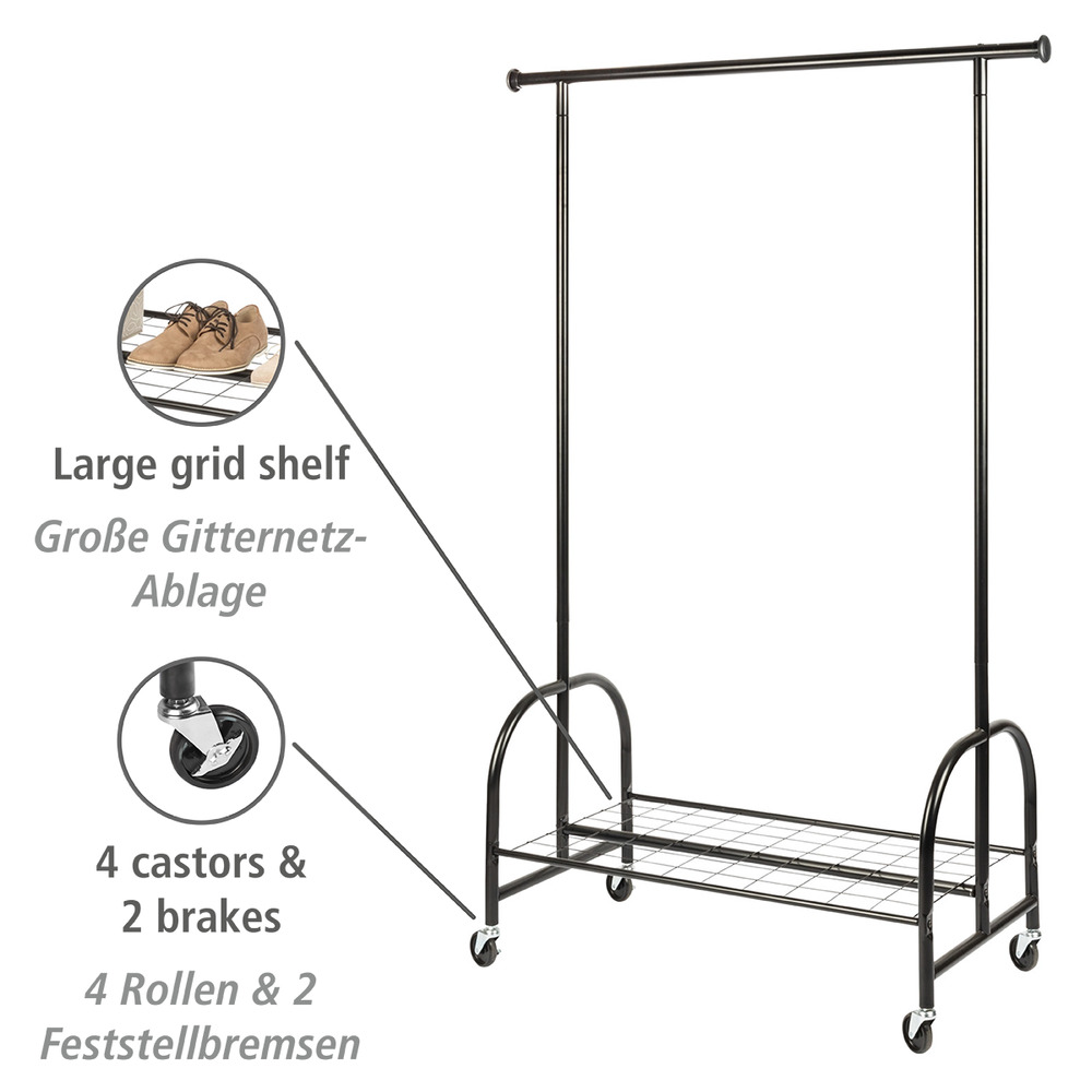 Portant vetement noir, portant vetement à roulette, avec étagère, Profi, 121x185x52 cm  Portant vetement roulette noir avec étagère