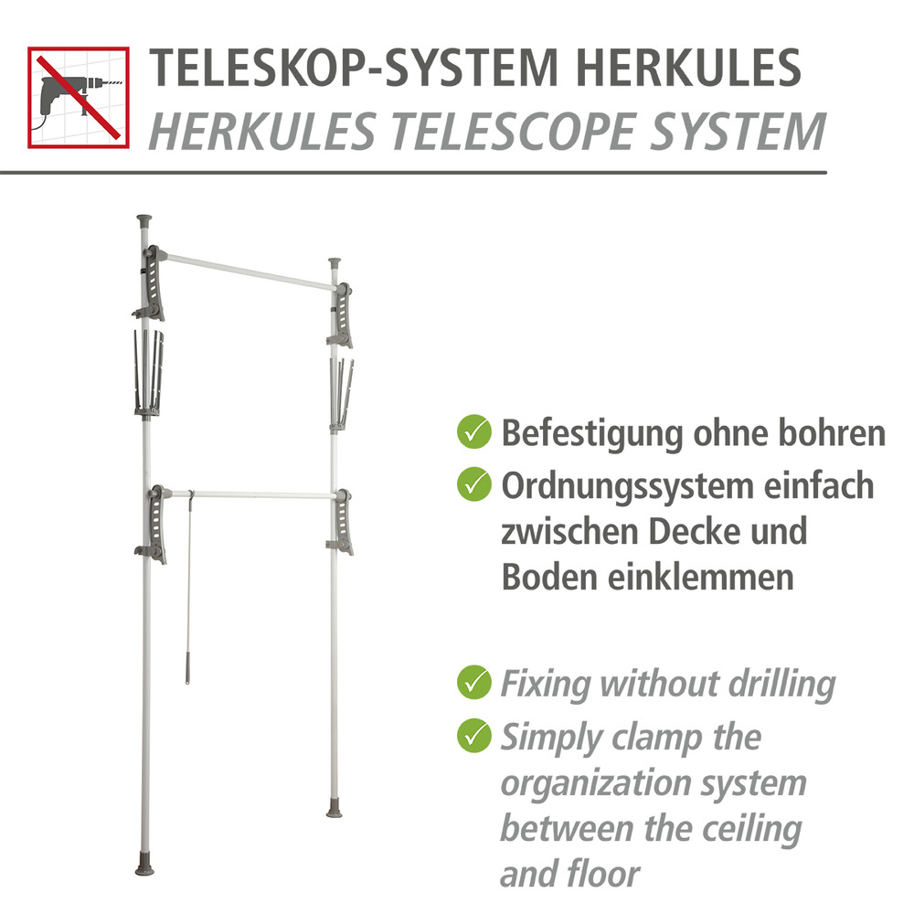 Système de penderie télescopique Hercules Flex  avec 2 barres de penderie et crochets