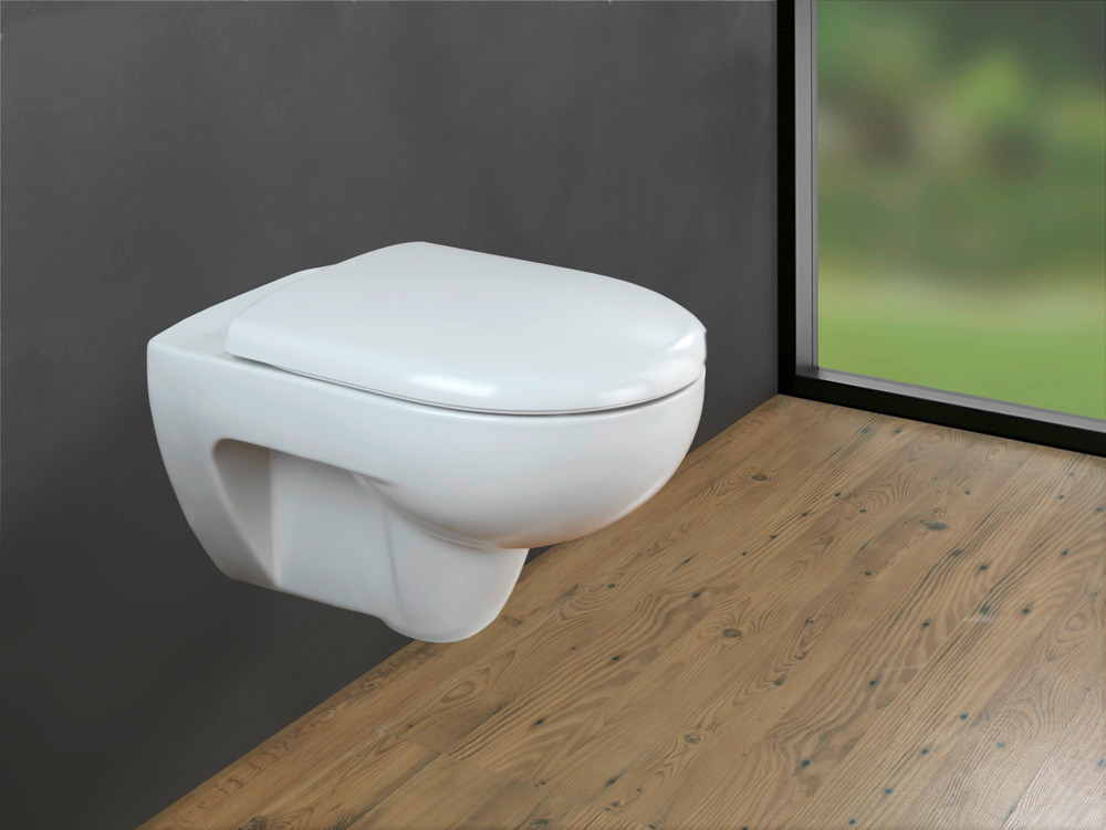 Abattant WC avec frein de chute Exclusive Nr. 2, convient pour Keramag Renova, Laufen Moderna, fixation Inox, duroplastique, 36,5 x 45 cm, Blanc  Duroplast antibactérien, avec frein de chute