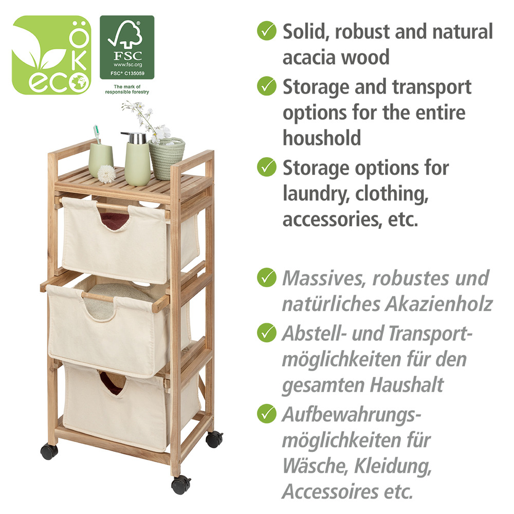 Etagère à roulettes 3 niveaux, avec panier tiroir souple, bois FSC, Acina, 43,5x96x33,5 cm  Etagere sur roulette avec 3 paniers de rangement4 roulettes, 2 freins