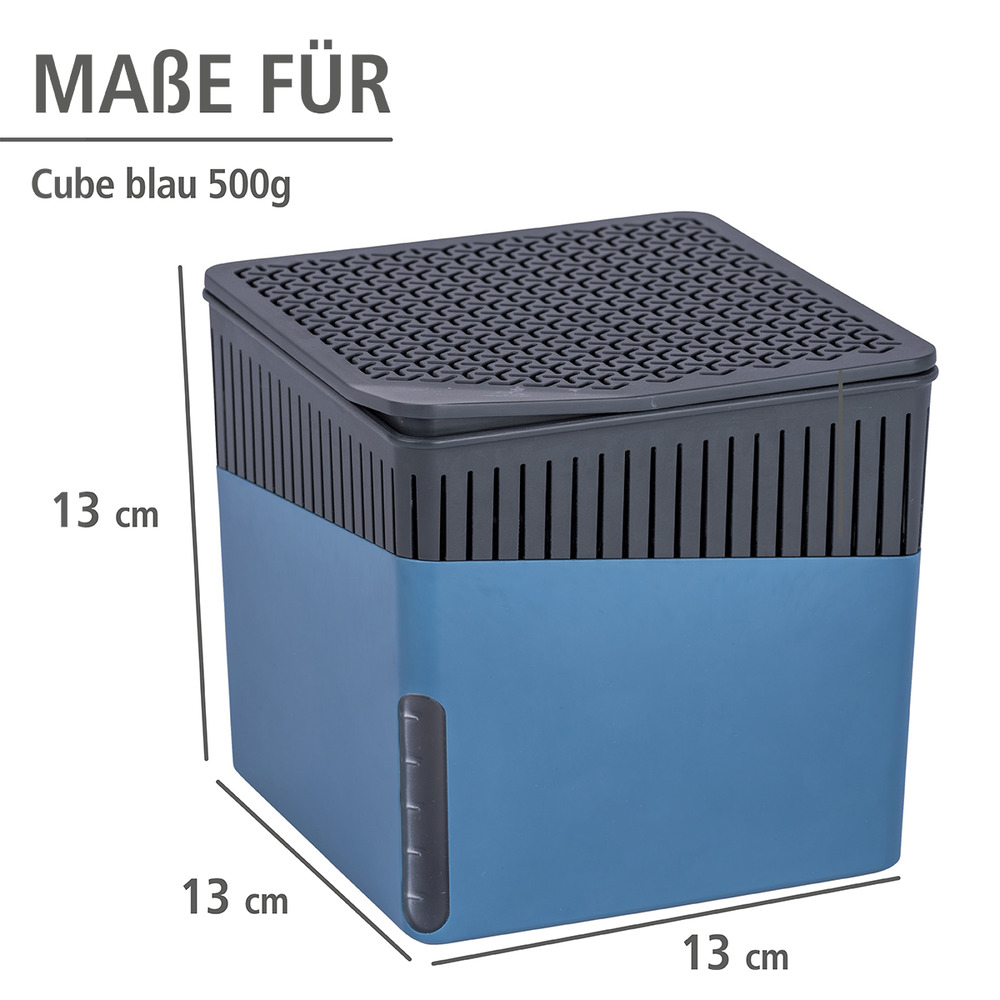 Déshumidificateur d'intérieur Mod. Cube Bleu 1000 g & Recharge  pour des pièces jusqu'à 80 m³ environ