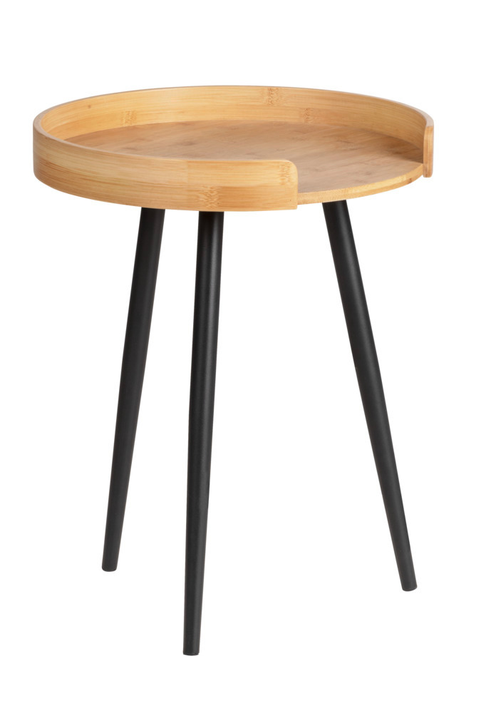 Petite table basse ronde, table d'appoint bout de canapé bois, pied métal noir,   en bambou et métal