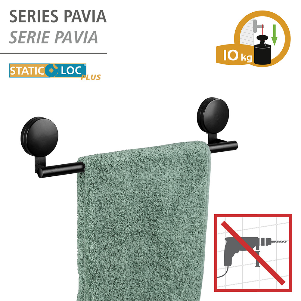 Porte serviette mural noir, solution sans perçage, innovation "Static Loc Plus", Pavia  Porte serviettes, fixation sans perçage