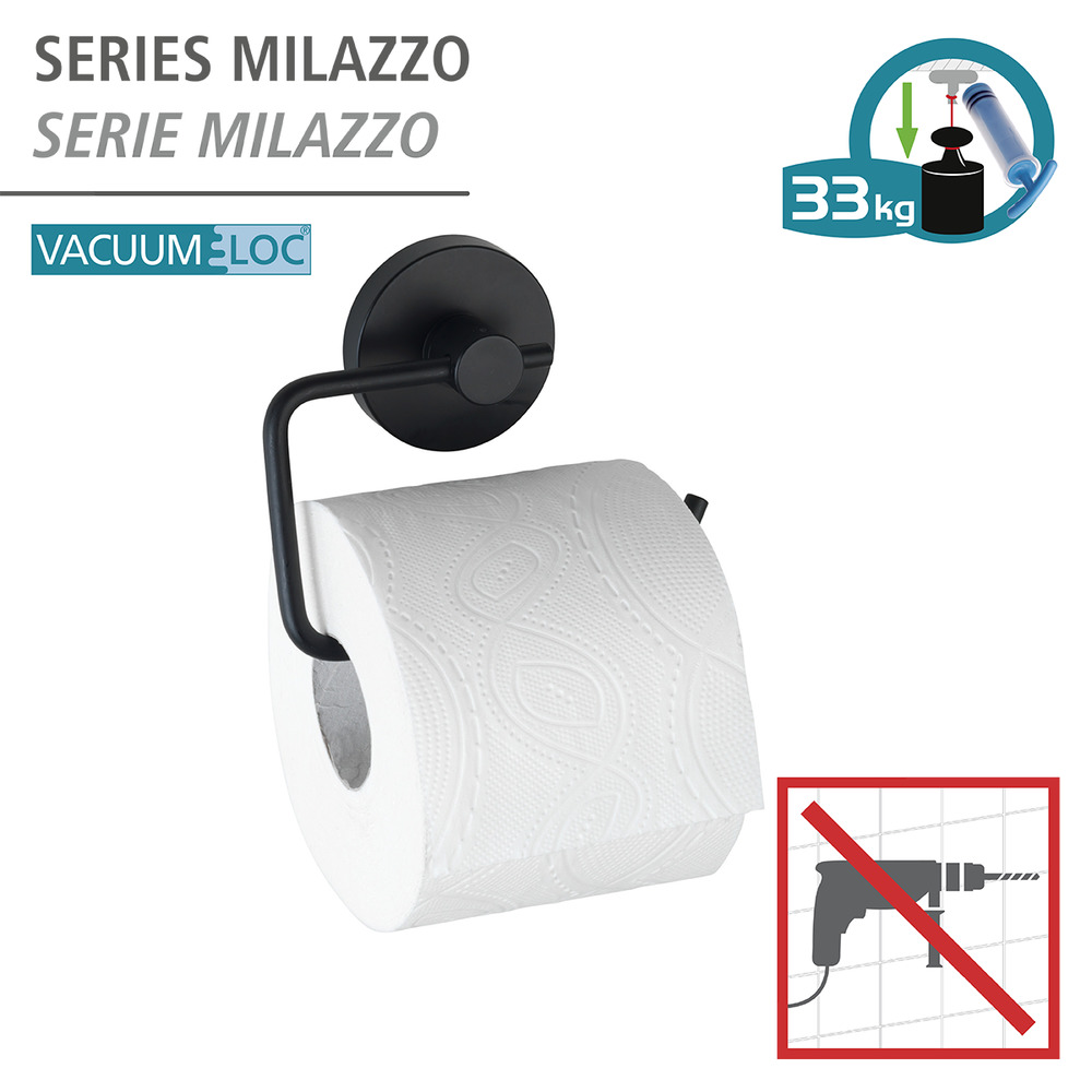 Porte Papier Toilette mural noir, solution sans perçage, innovation "Vacuum Loc Plus", Milazzo, Noir  Système "Vacuum Loc", fixer sans perçer