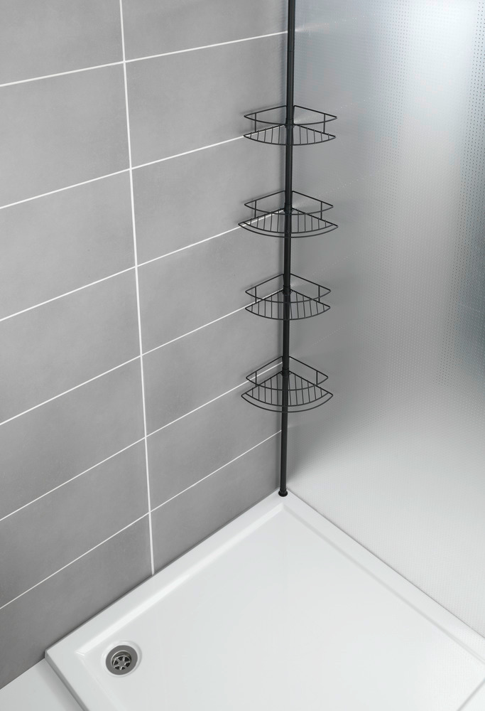 Etagère de salle de bain téléscopique, solution sans perçage, Dolcedo, Acier Noir  Etagere douche téléscopique d'angle