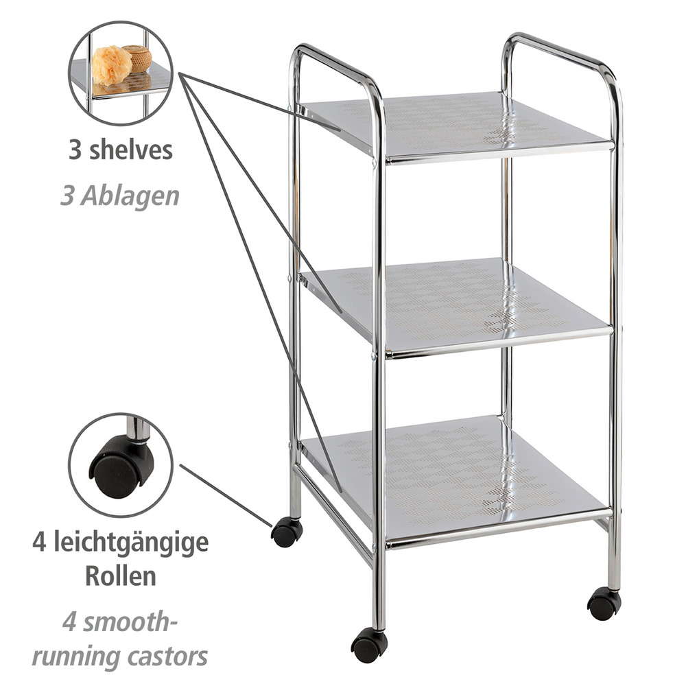 Desserte à roulette, 3 plateaux de rangement, 32x71x36,5 cm, acier chromé  en métal à l'aspect chromé brillant