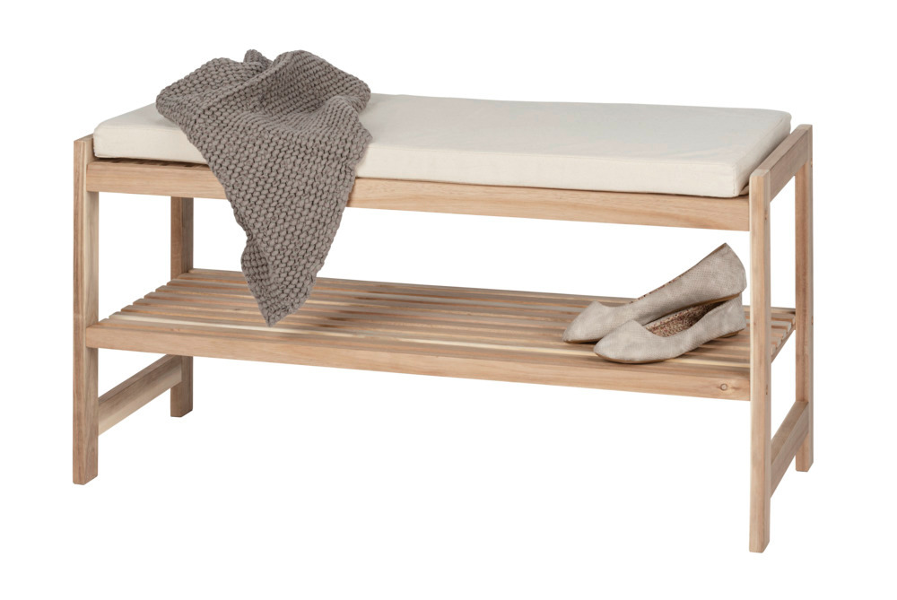 Banc d'entrée avec rangement chaussure et plateforme avec coussin, Bois FSC, Acina, 90x45x34 cm  Dimensions : 90 x 45 x 34 cm