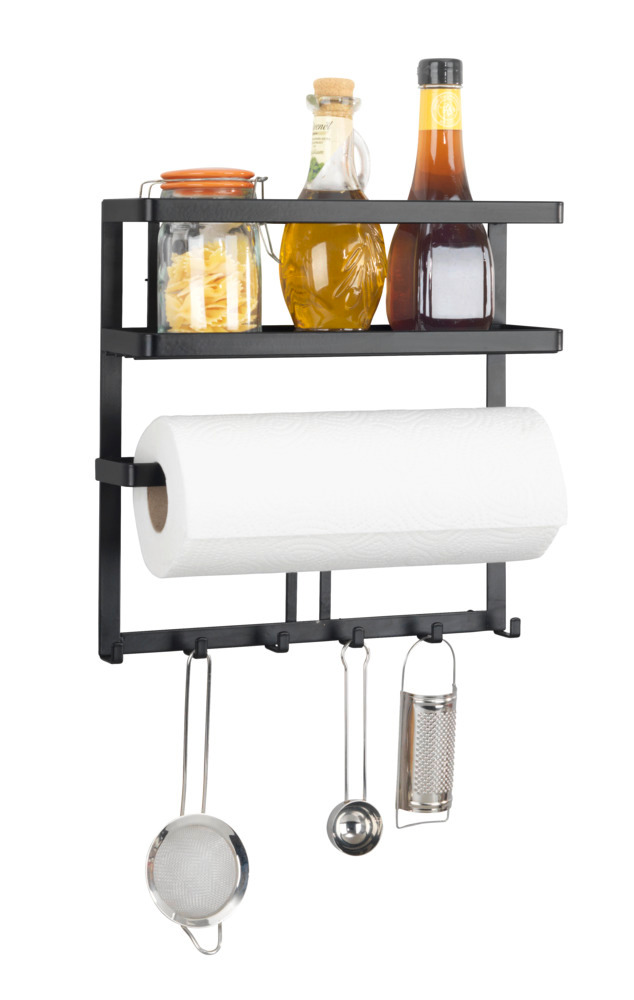 Etagère Cuisine multifonction Gala, Etagère métal noir avec distributeur sopalin mural et crochets suspension ustensiles de cuisine  avec porte-rouleau de cuisine & tringle, 6 crochets inclus