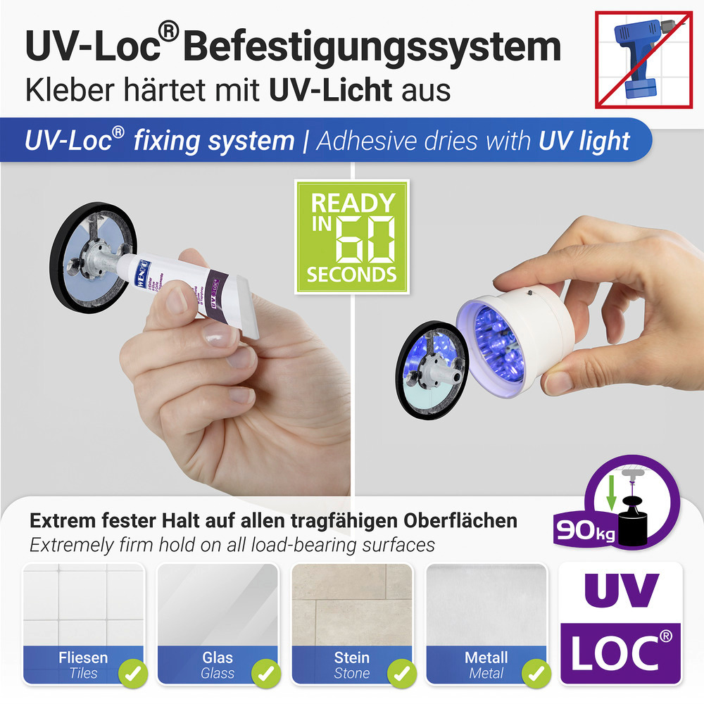 UV-Loc® Porte serviette Uno Isera, 60 cm  Fixation sans percer grâce à un système adhésif innovant