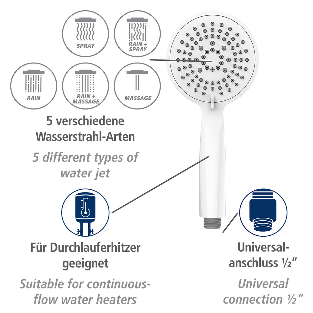 Pomme de douche Young blanc  avec 5 types de jets