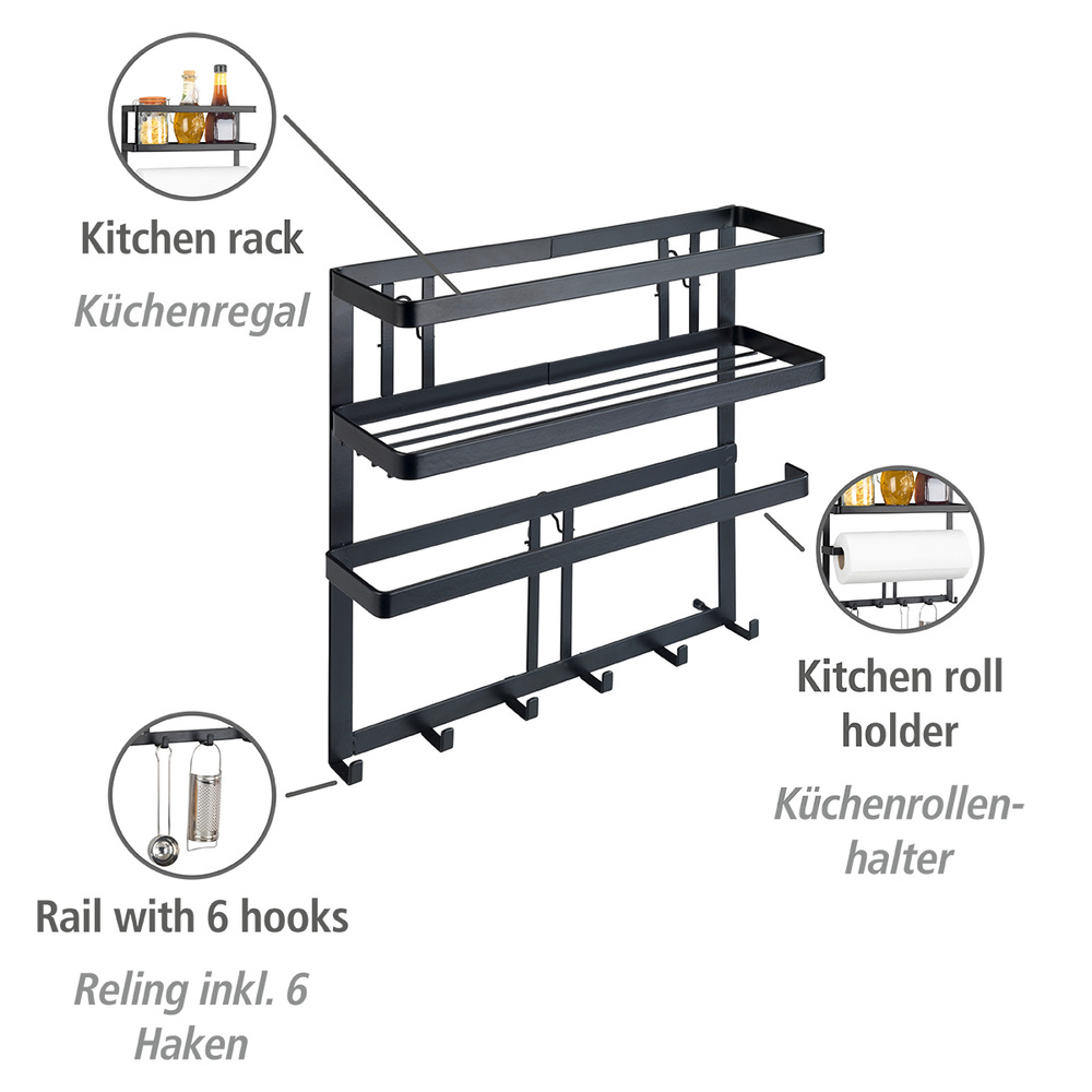 Etagère Cuisine multifonction Gala, Etagère métal noir avec distributeur sopalin mural et crochets suspension ustensiles de cuisine  avec porte-rouleau de cuisine & tringle, 6 crochets inclus