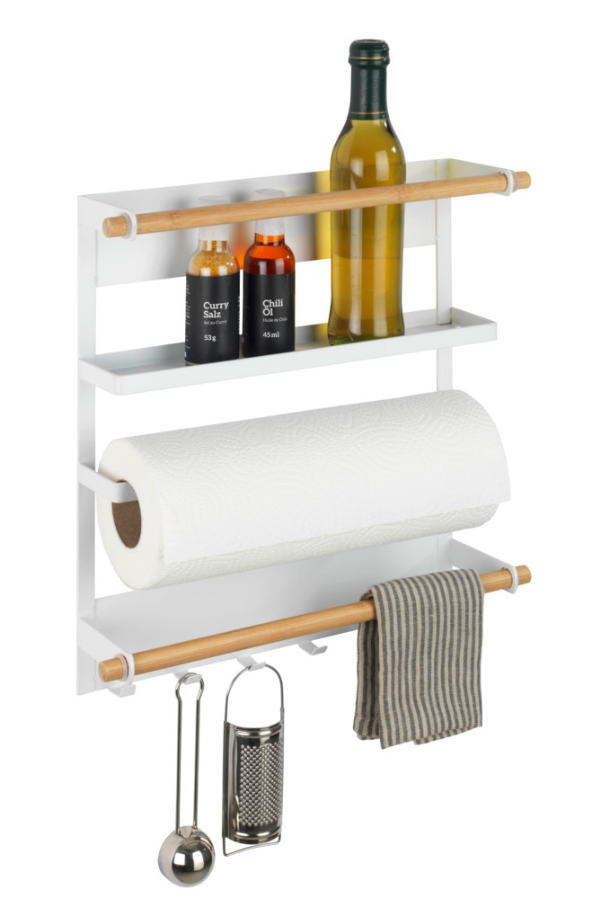 Etagère magnétique frigo, réfrégirateur, avec étagère porte épice, dérouleur sopalin magnétique et crochets suspension ustensiles de cuisine, Magna, blanc  Fixation magnétique sans perçage