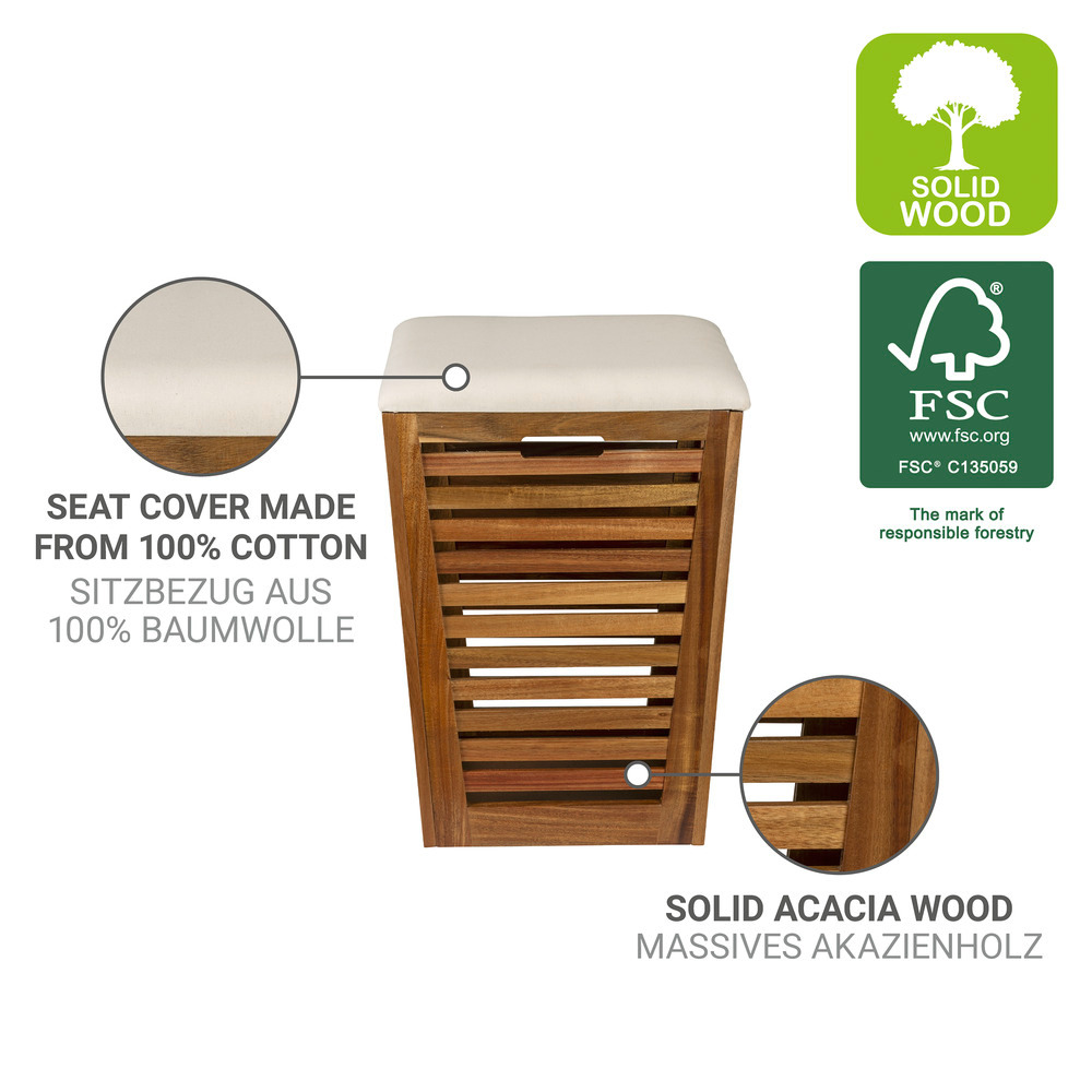 Coffre à linge avec assise rembourrée Mod. Fondi  en bois d'acacia massif