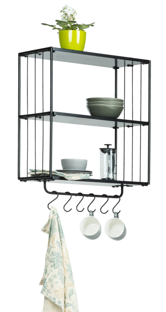 Etagère murale industrielle cuisine, métal noir, 3 plateaux avec barre de crédence et crochet de suspension, 50 x 50 x 23 cm  Étagère murale avec 3 étagères et un rail à crochets