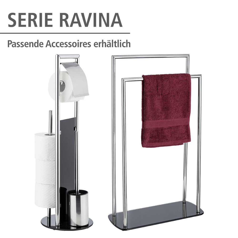 Porte serviette sur pied Ravina inox brillant, porte serviette salle de bain avec socle en verre, 48x80x20cm  