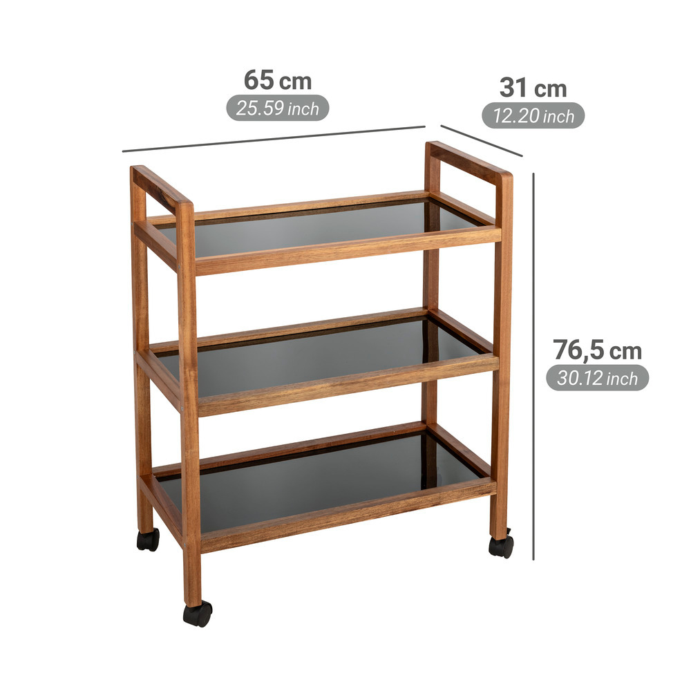 Étagère roulante mod. Fondi, 3 étages, large  en bois d'acacia