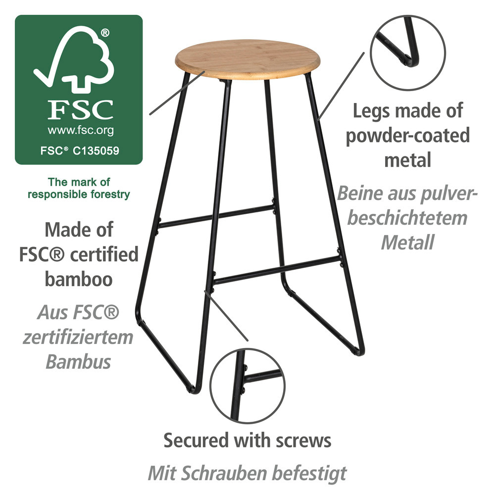 Tabouret de bar Loft  en acier avec assise en bambou massif