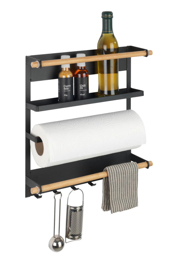 Etagère magnétique frigo, réfrégirateur, avec étagère porte épice, dérouleur sopalin magnétique et crochets suspension ustensiles de cuisine, Magna, noir  Fixation magnétique sans perçage