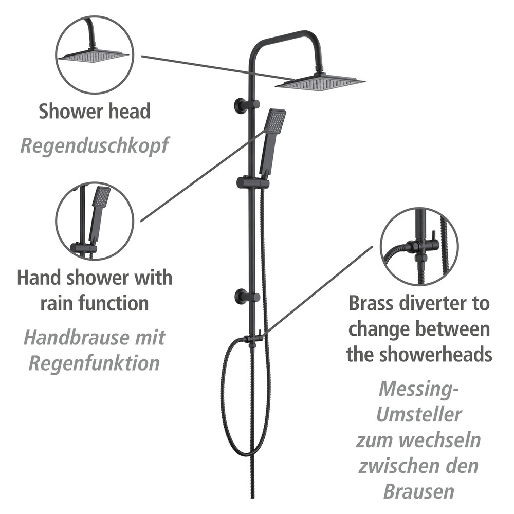 Système de douche Cuadro Noir  avec douche effet pluie et douchette à main