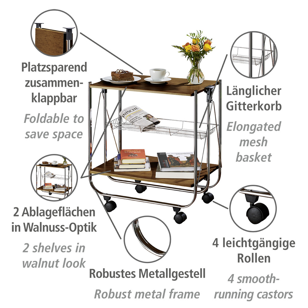 Desserte cuisine à roulettes, table repliable cuisine, Dinett, bois Noyer  pliable