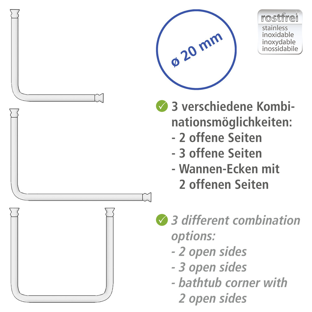 Barre de douche angle, tringle de rideau de douche, universel blanc, aluminium inox, Ø 2 cm  aluminium, Ø 2 cm,adaptable en forme et en longueur