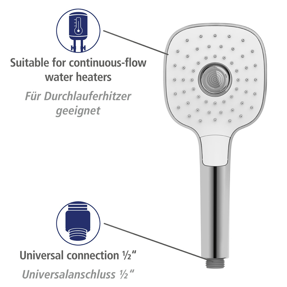 Pommeau de douche 3 jets, ø12 cm, carré, finition chromée et blanc, embout universel 1/2", powerboost  ø12 cm