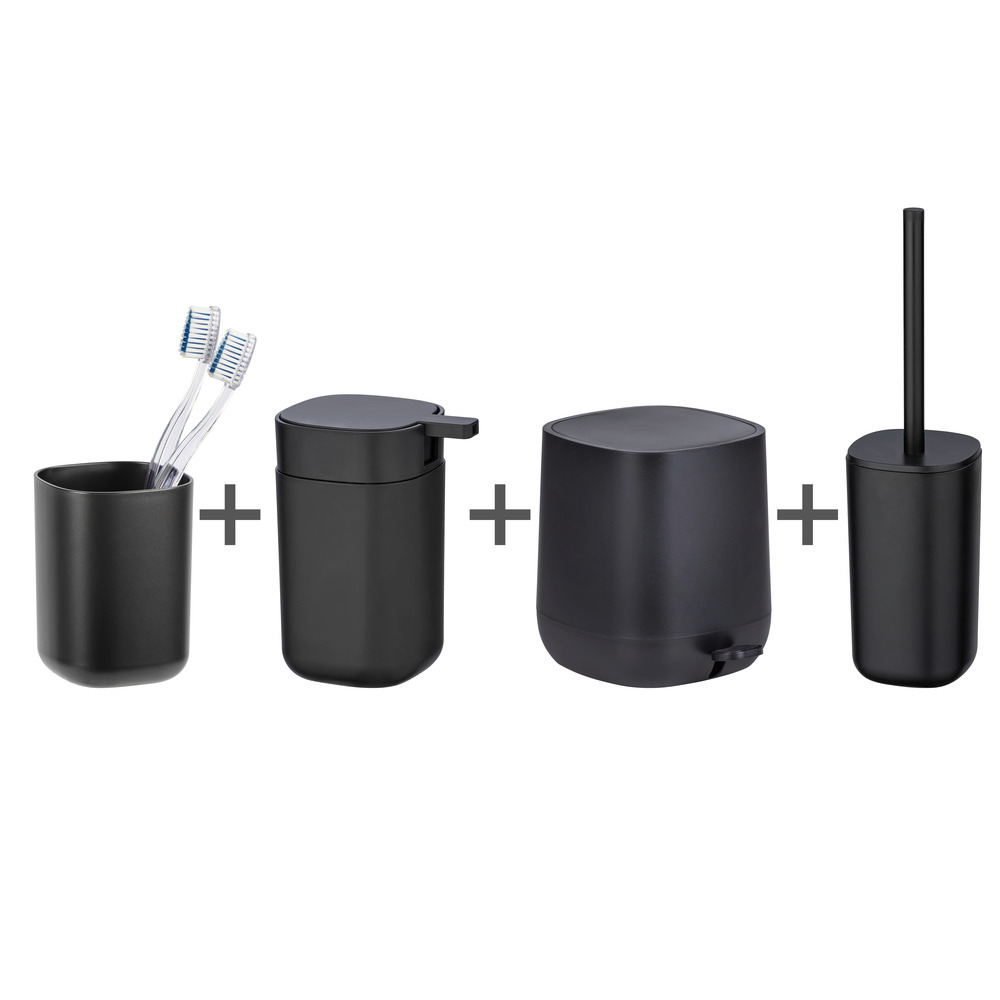 Set d'accessoires de salle de bain Davos, noir mat, set de 4 pièces  avec gobelet pour brosse à dents, distributeur de savon, poubelle à pédale et brosse WC