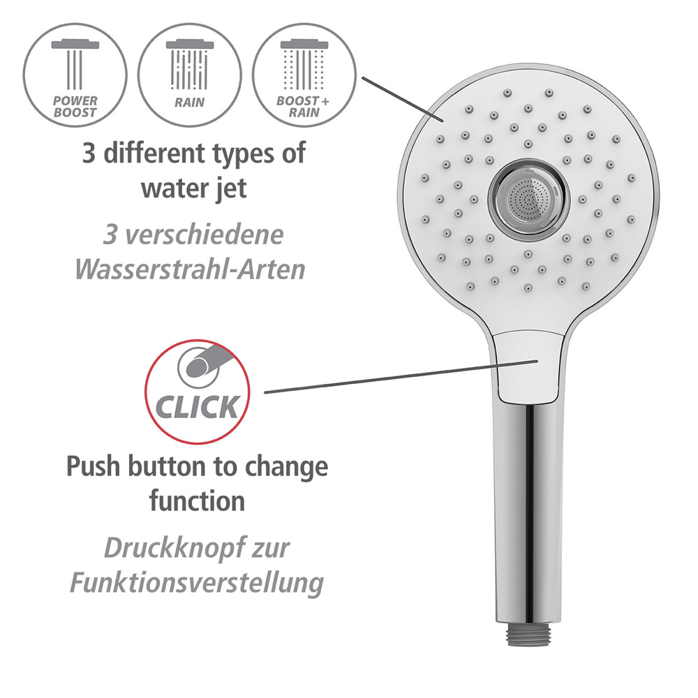 Pommeau de douche 3 jets, ø12 cm, finition chromée et blanc, embout universel 1/2", powerboost  ø12 cm