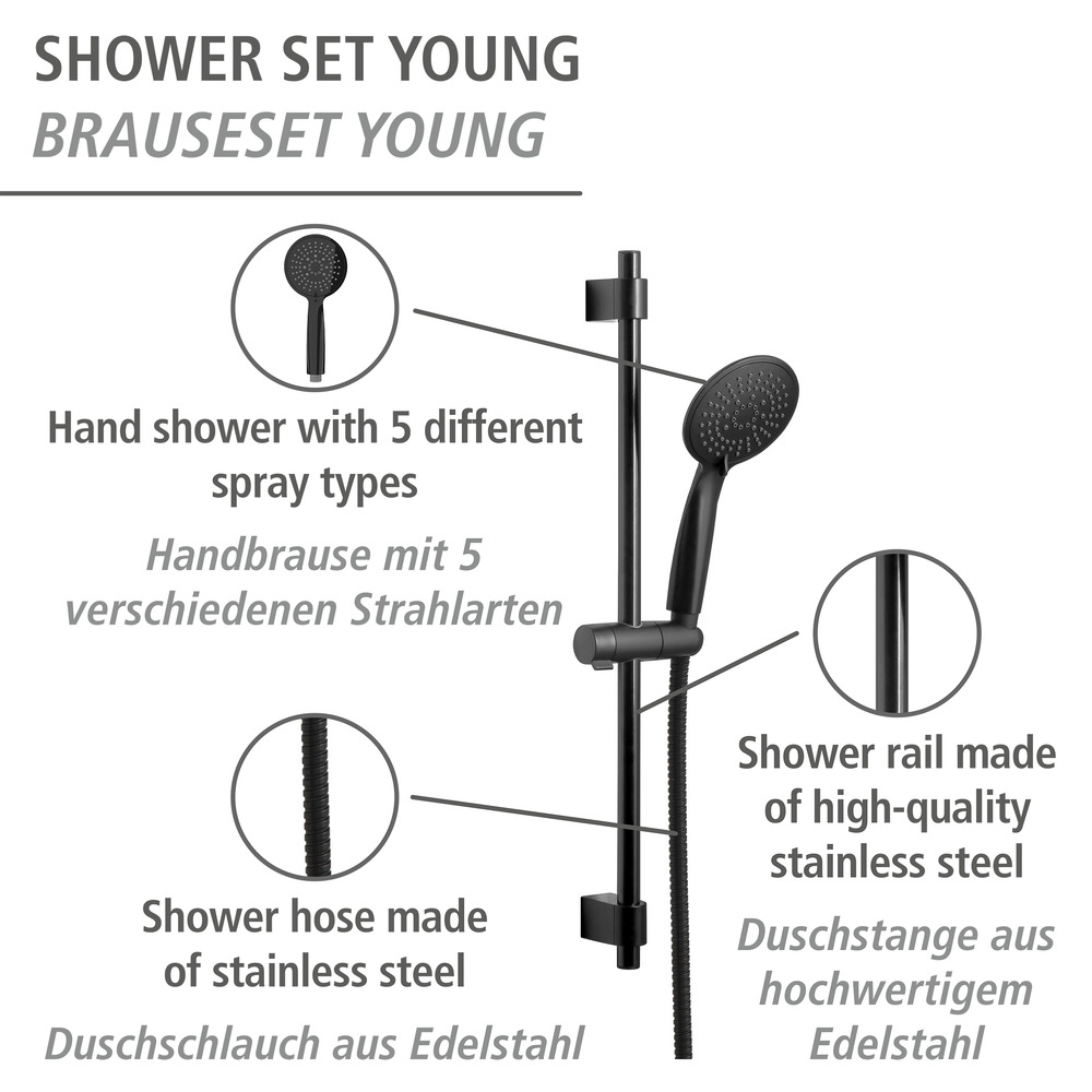 Set de douche inox Young 66cm, noir  Longueur barre : 66 cm