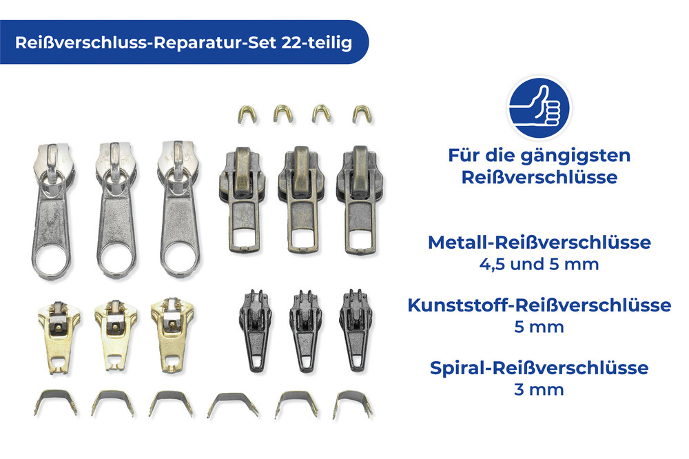 Kit de réparation fermetures à glissière  en 22 pièces