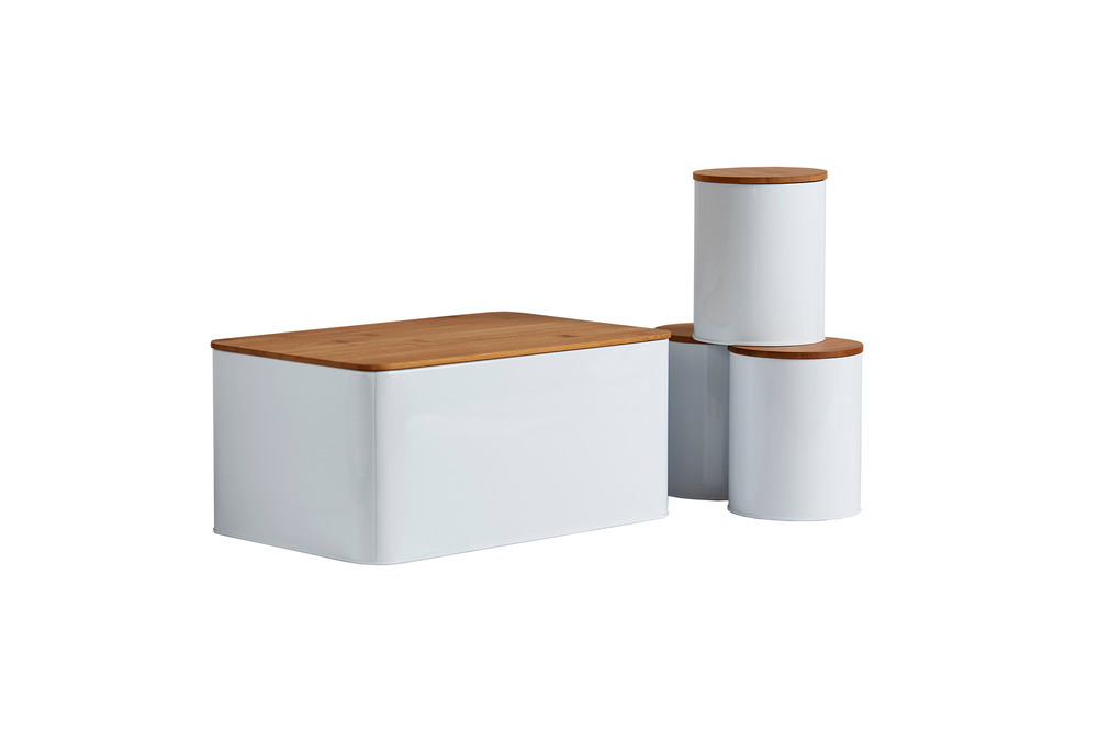 Lot de 4 rangements cuisine, boite à pain avec planche à découper et 3 boites de conservation avec couvercle en bambou, blanc, 32x21x5 cm  Blanc, avec couvercle en bambou