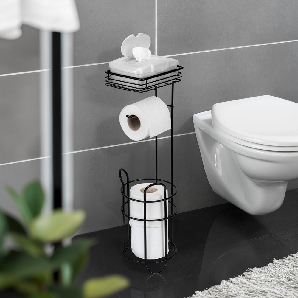 Support de papier toilette avec tablette et porte-rouleau de rechange en noir  avec tablette